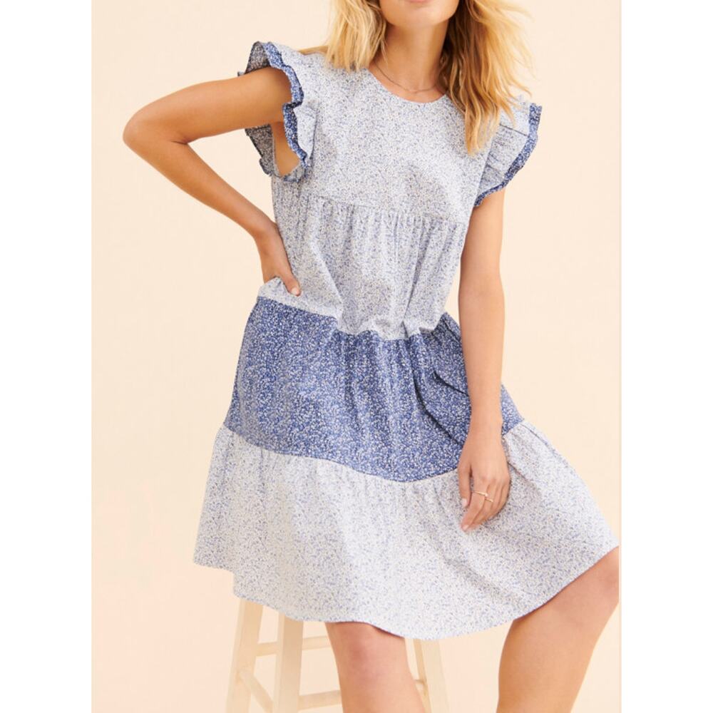 English Factory Blue Multi Floral Tiered Mini Dress Ruffle Sleeve XS NEW - Picture 1 of 7